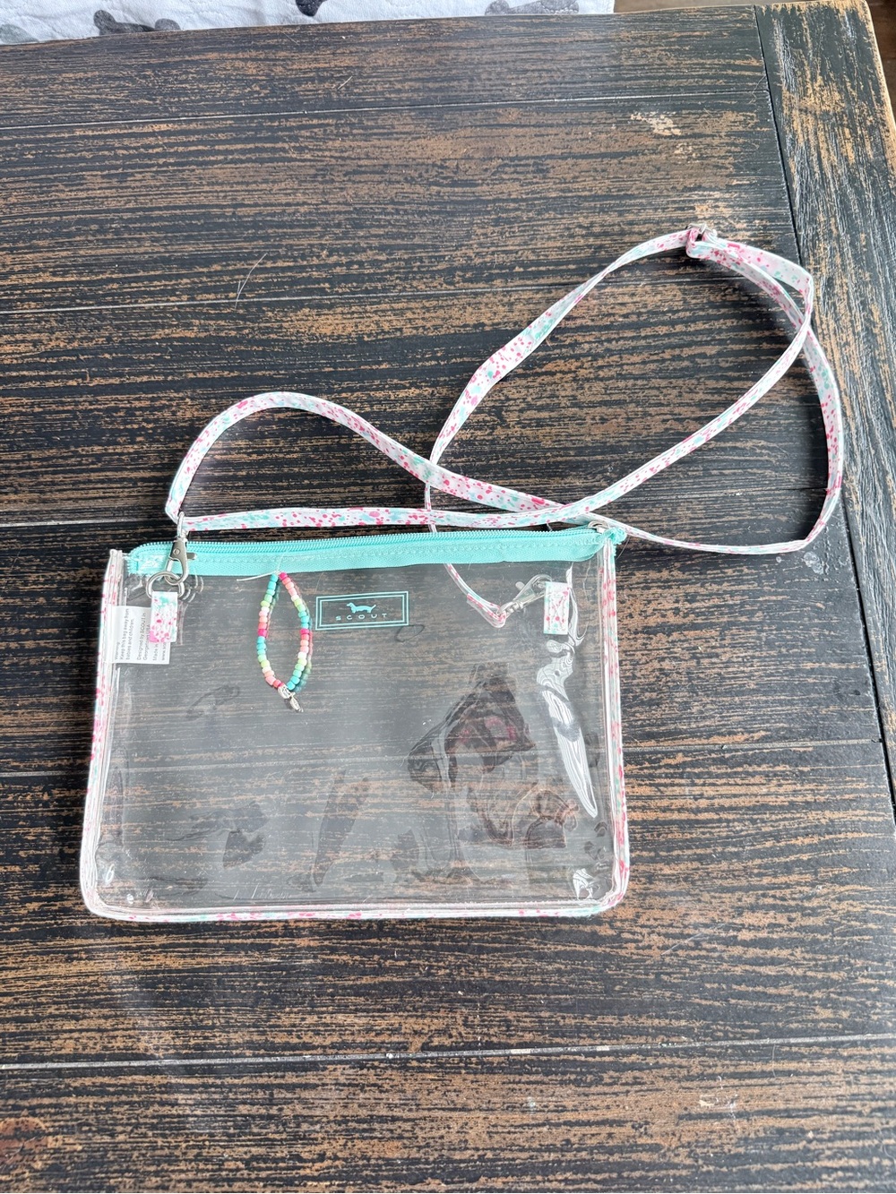 Clear Scout Crossbody Bag with Mint Trim and Floral Strap